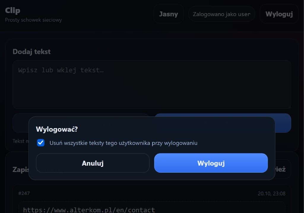 Wylogowanie i opcjonalne usunięcie tekstów