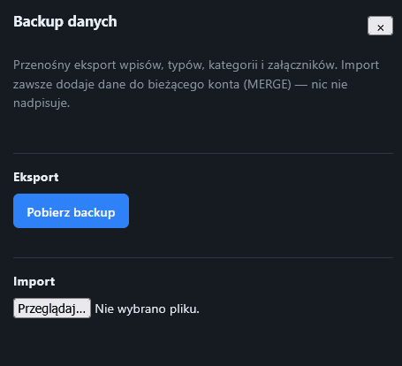Eksport i import backupu (MERGE)
