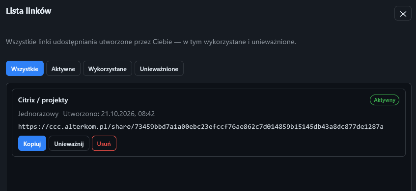 Lista linków: aktywne, wykorzystane, unieważnione