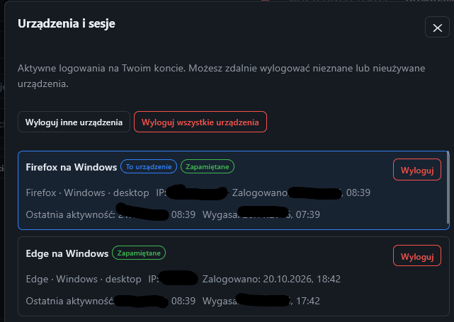 Urządzenia i sesje — zdalne wylogowanie