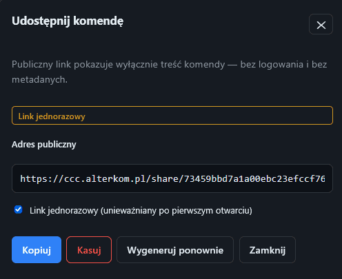 Udostępnianie komendy linkiem publicznym